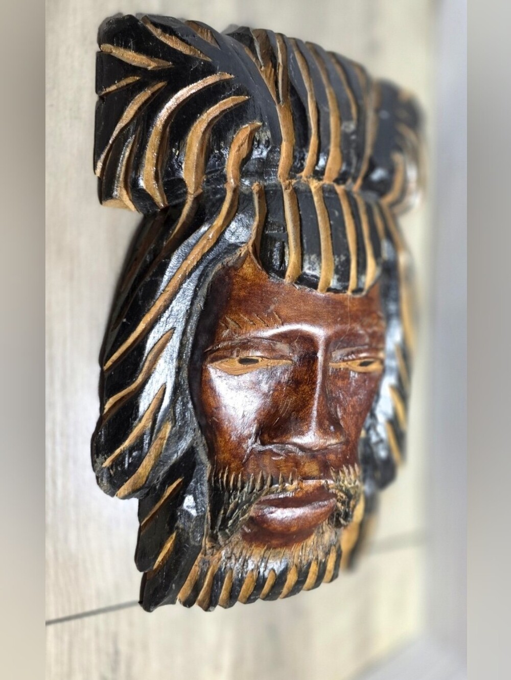 Vintage Dan Style African Mask Hand Carved Wood Raffia Wall Decor Unique